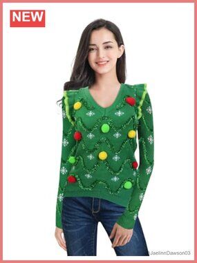 Ugly Christmas Sweater Women Oversized Knit Pullover Long Sleeve Crew Neck